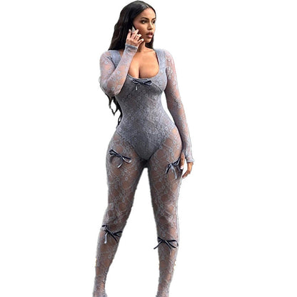 Sensual Sheer High-Waisted Lace Bodysuit With Long Sleeves