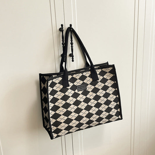 Large Houndstooth Woven Tote Bag Stylish Everyday Shoulder Bag