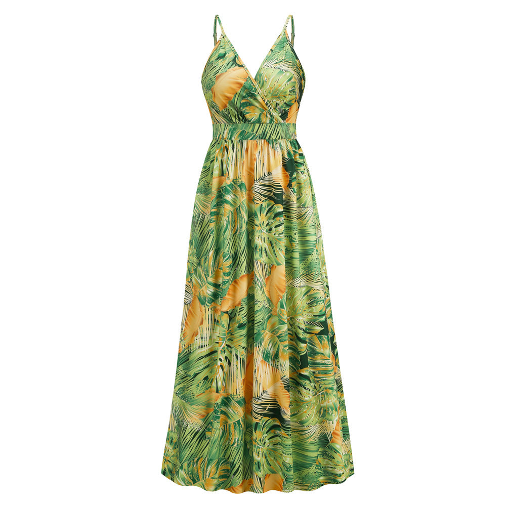 Bohemian Print Maxi Dress Sexy V-Neck Slip Dress