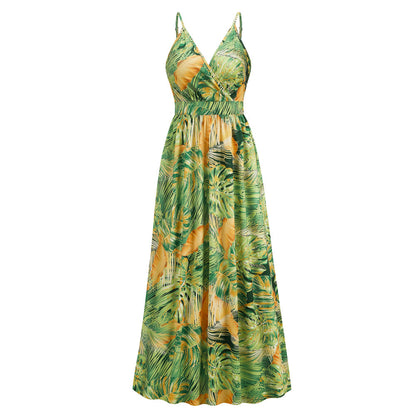 Bohemian Print Maxi Dress Sexy V-Neck Slip Dress