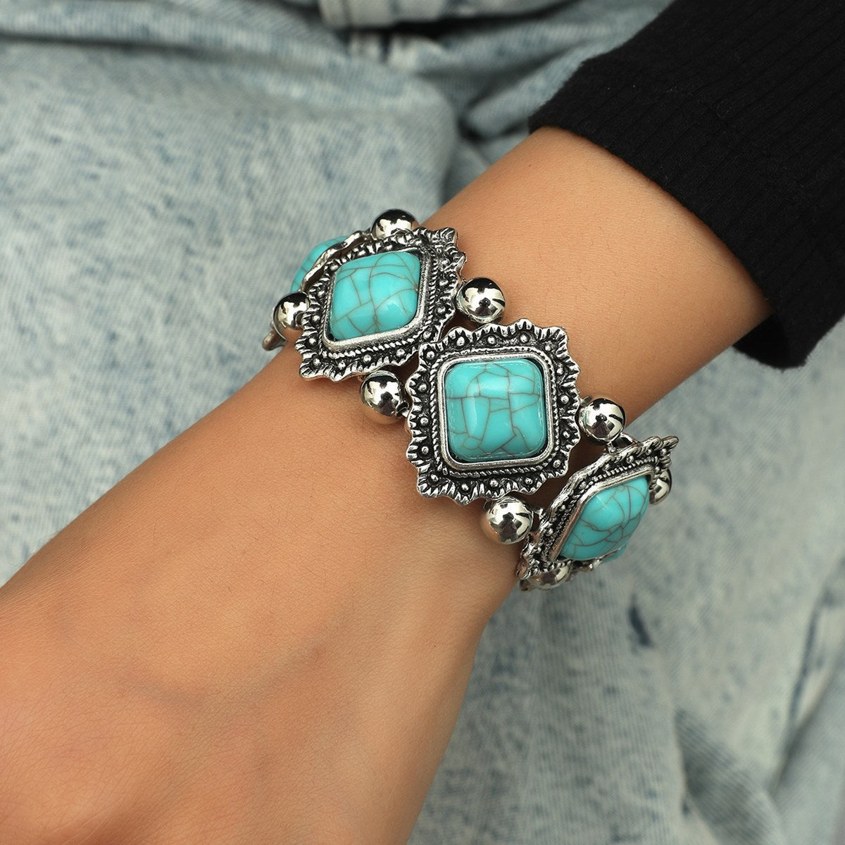 Personality Vintage Geometric Turquoise Stretch Bracelet Women'S Bohemian Bracelet Jewelry