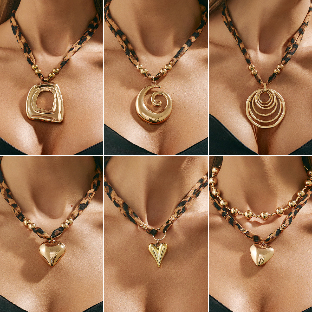 Retro Leopard Print Silk Scarf Necklace With Heart Pendant