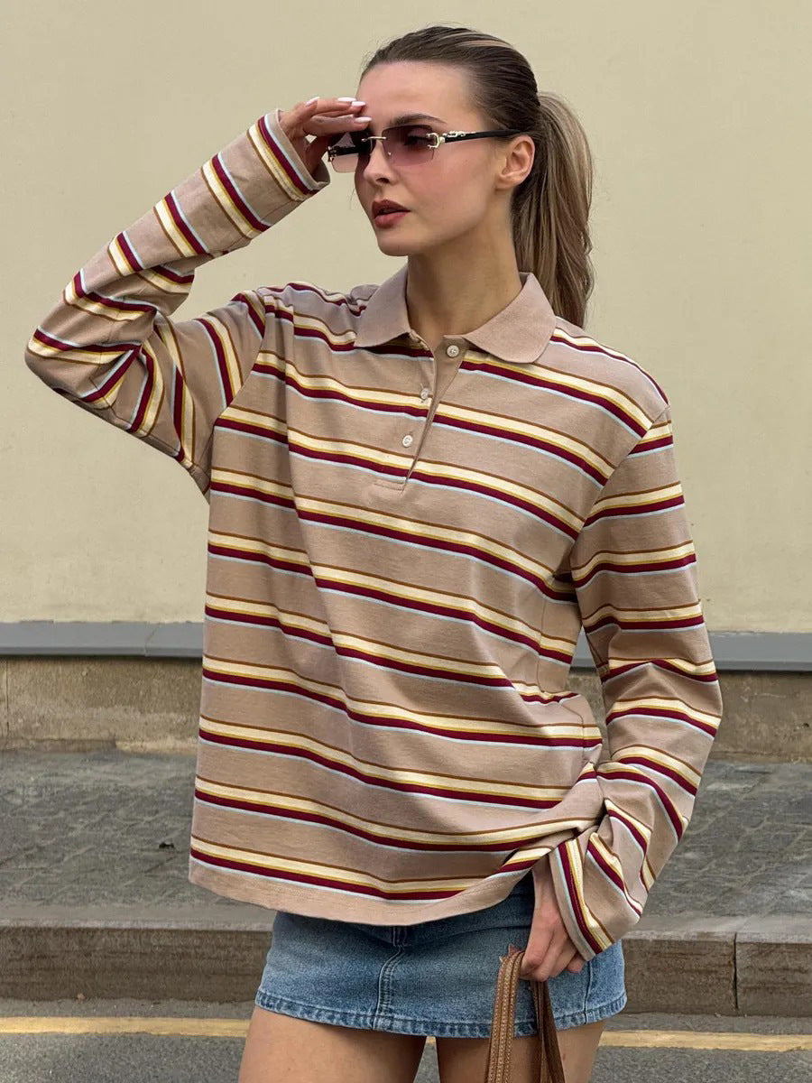 Striped Polo Shirt for Women Loose Fit Retro Style