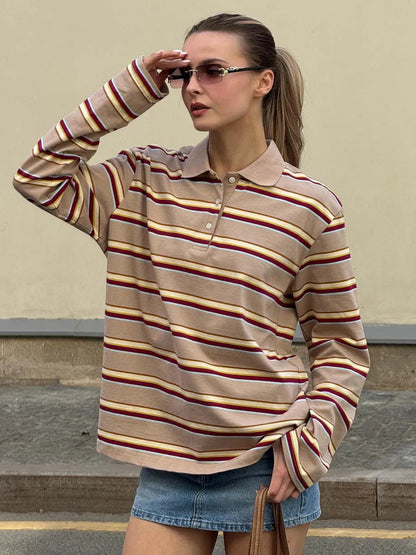 Striped Polo Shirt for Women Loose Fit Retro Style