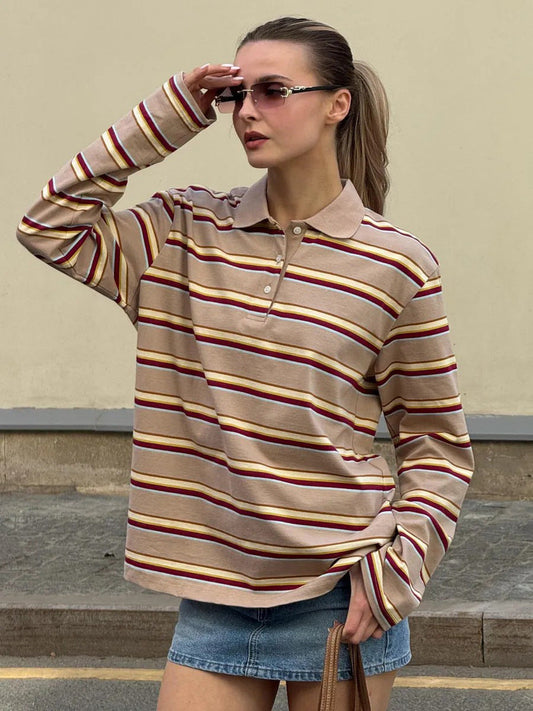 Striped Polo Shirt for Women Loose Fit Retro Style