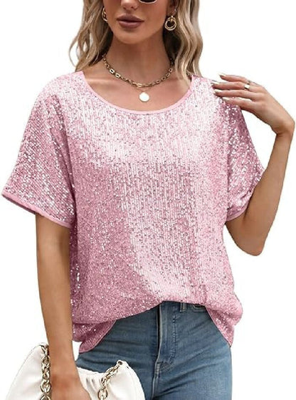 Loose Sequin Deep V-Neck Short Sleeve Top