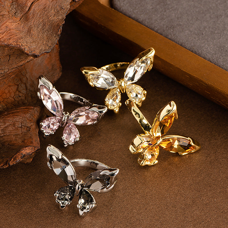 Fashion Crystal Butterfly Adjustable Open Ring For Women