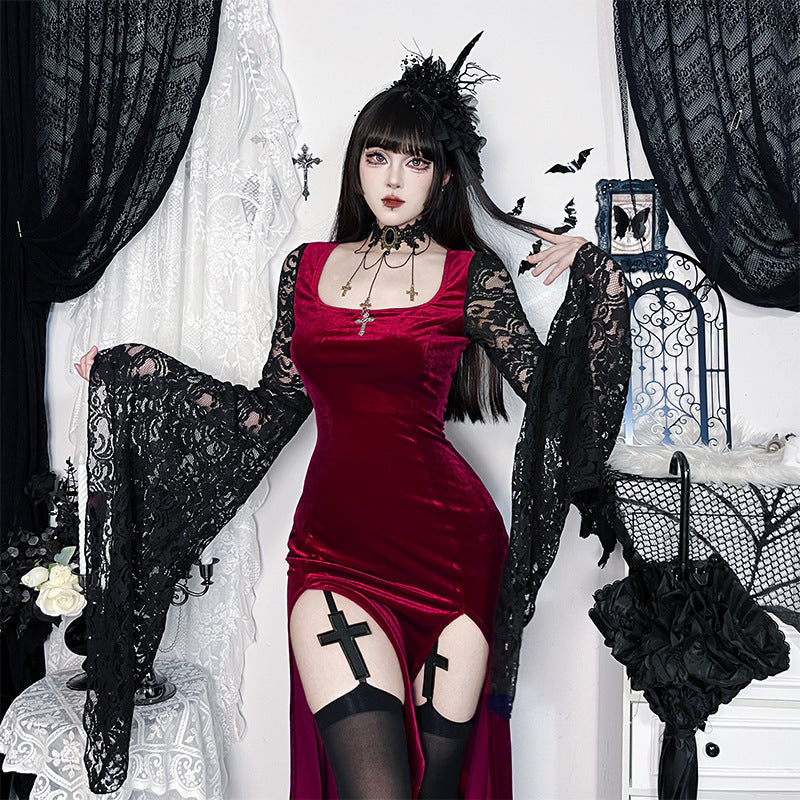 Lace Long Sleeve Slit Dress Gothic Style Party Dress