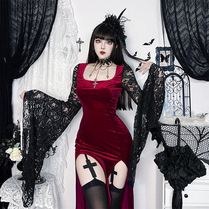 Lace Long Sleeve Slit Dress Gothic Style Party Dress