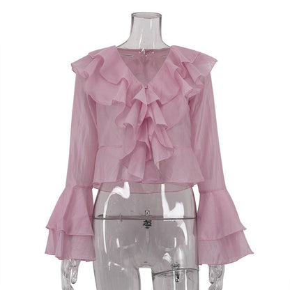 Feminine Ruffle Collar Cardigan Blouse Pink Casual Top