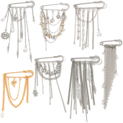 Trendy Metal Chain Tassel Brooch Pin With Stone Detail