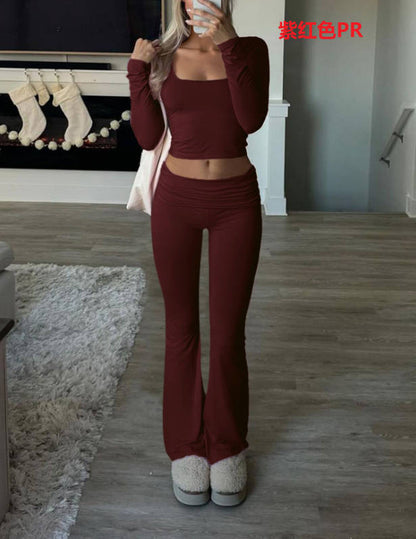 Casual Knit Long Sleeve Top and Pants Set