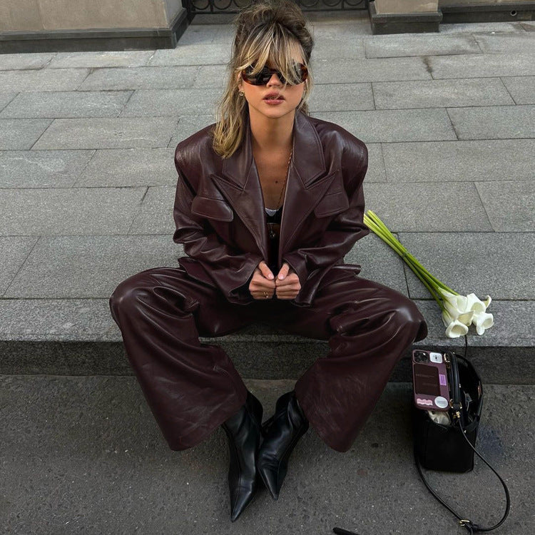 Vintage Stand Collar Belted PU Leather Jacket Set