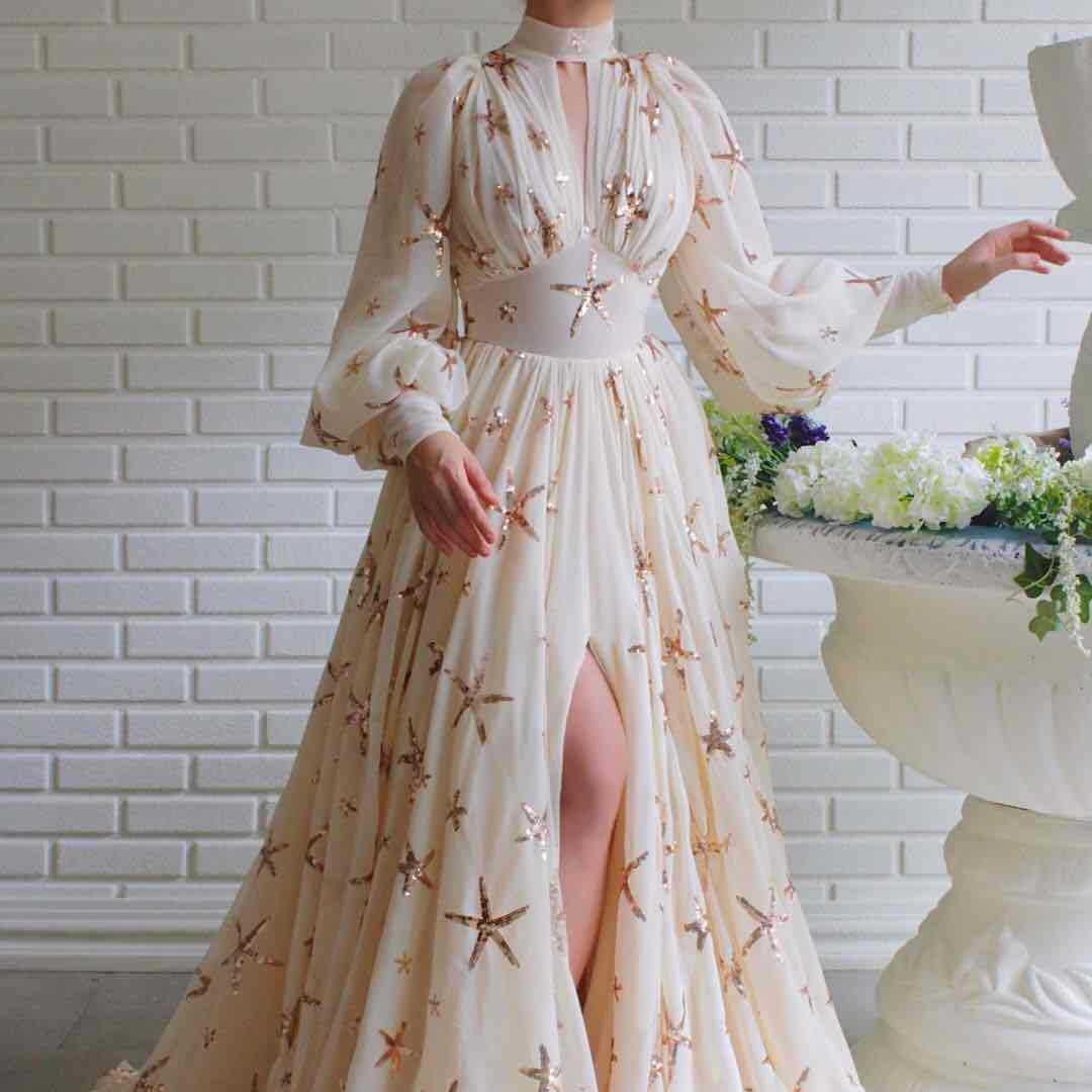 New Sequined Lantern Sleeve High-Low Chiffon Dress
