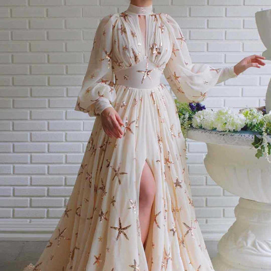 New Sequined Lantern Sleeve High-Low Chiffon Dress