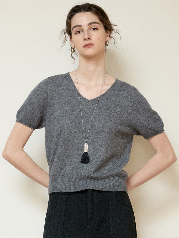 Light Luxury V-Neck Knit Top Soft Cashmere Blend T-Shirt