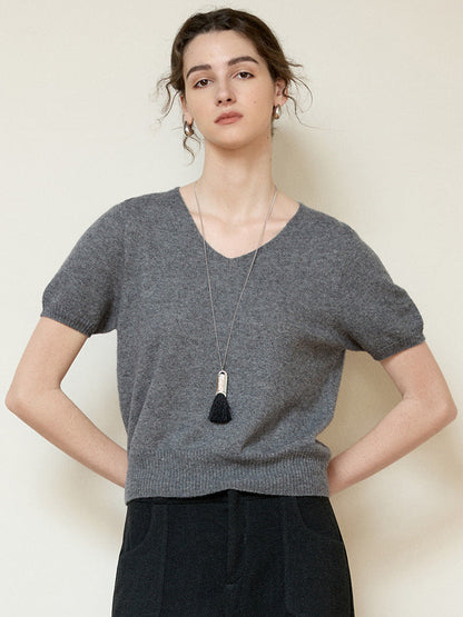Light Luxury V-Neck Knit Top Soft Cashmere Blend T-Shirt