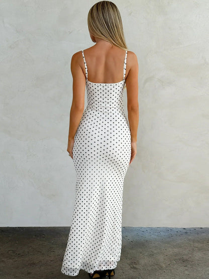 Elegant Polka Dot Deep V Neck Maxi Dress