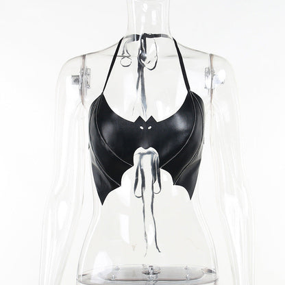Sexy Halter Neck Backless Batwing Leather Tie Top