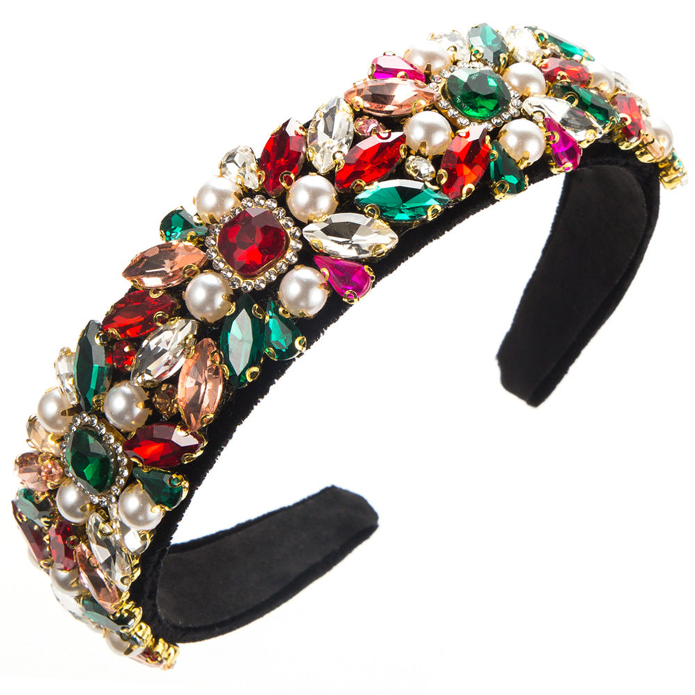 Baroque Velvet Wide Headband With Pearls and Rhinestones