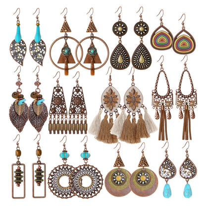 Vintage Ethnic Tassel Earrings Set - 12 Pairs Fashionable Boho Accessories