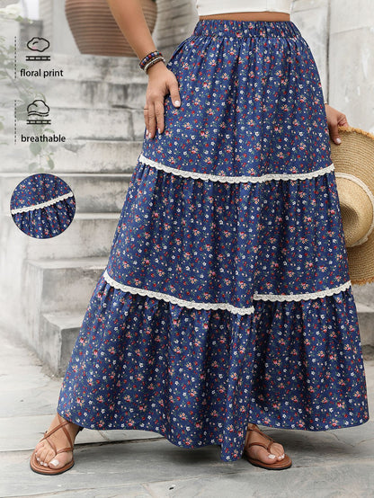 Floral Pleated Maxi Skirt Comfortable Casual Women's Skirt