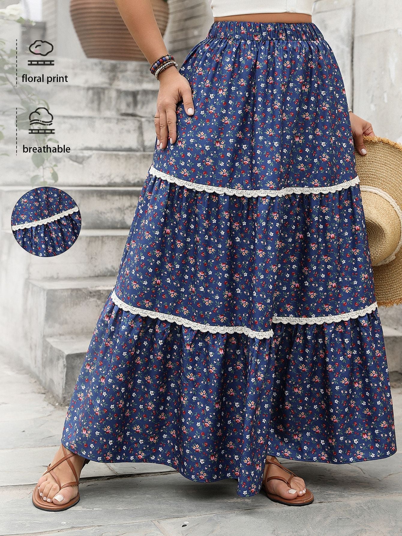 Floral Pleated Maxi Skirt Comfortable Casual Women'S Skirt