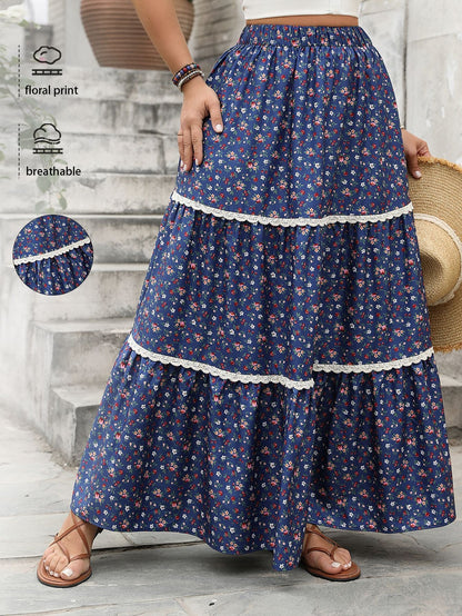 Floral Pleated Maxi Skirt Comfortable Casual Women'S Skirt