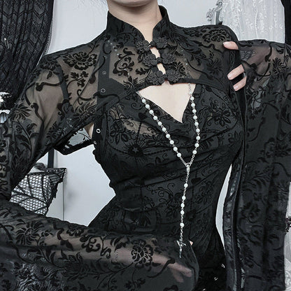 Gothic Floral Velvet Cardigan with Ruffled Sleeves