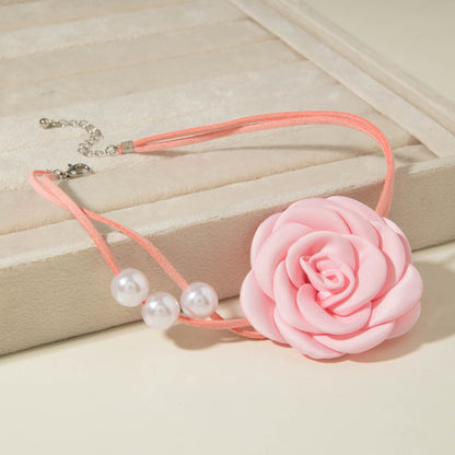 Elegant Rose Camellia Fringe Necklace With Pearl Pendant For Couples