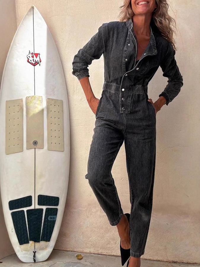 Trendy Pocket Denim Jumpsuit with Elastic Waist