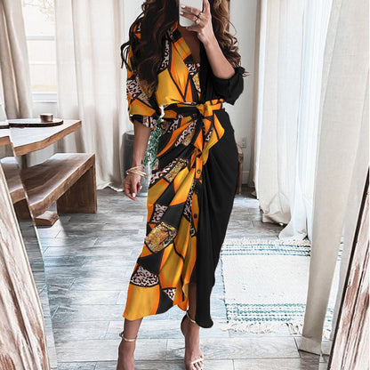 Elegant Floral V-Neck High-Waisted Dress for Women