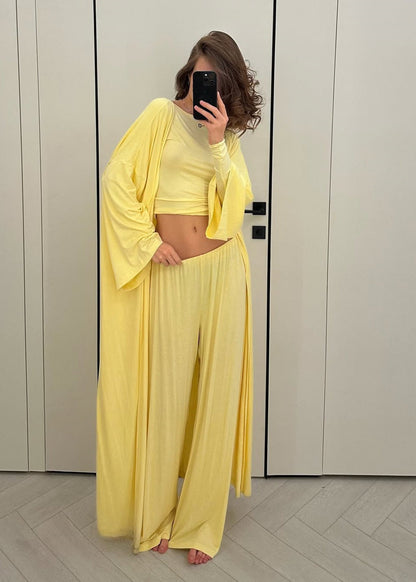 Three Piece Jersey Lounge Set Yellow Soft Texture