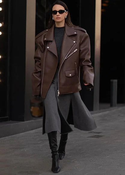 Oversized Faux Leather Moto Jacket With Zipper Details
