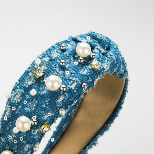 Trendy Denim Headband With Pearl Sequins For Women