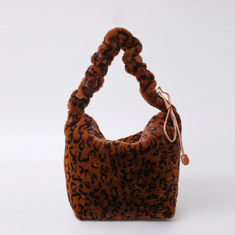 Retro Leopard Print Plush Shoulder Bag Large Capacity Crossbody Bag