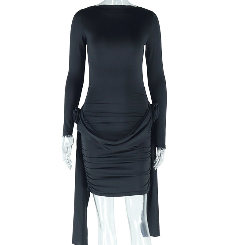 Solid Color Long Sleeve Bodycon Dress With Floral Accents