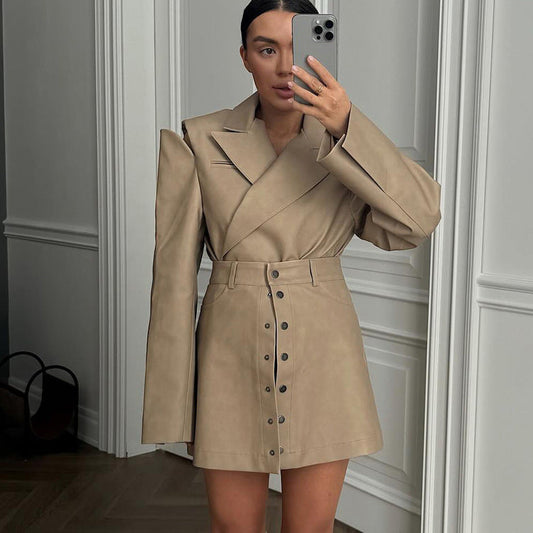Retro Fashion PU Leather Skirt Set With Hollow Out Long Sleeve Top