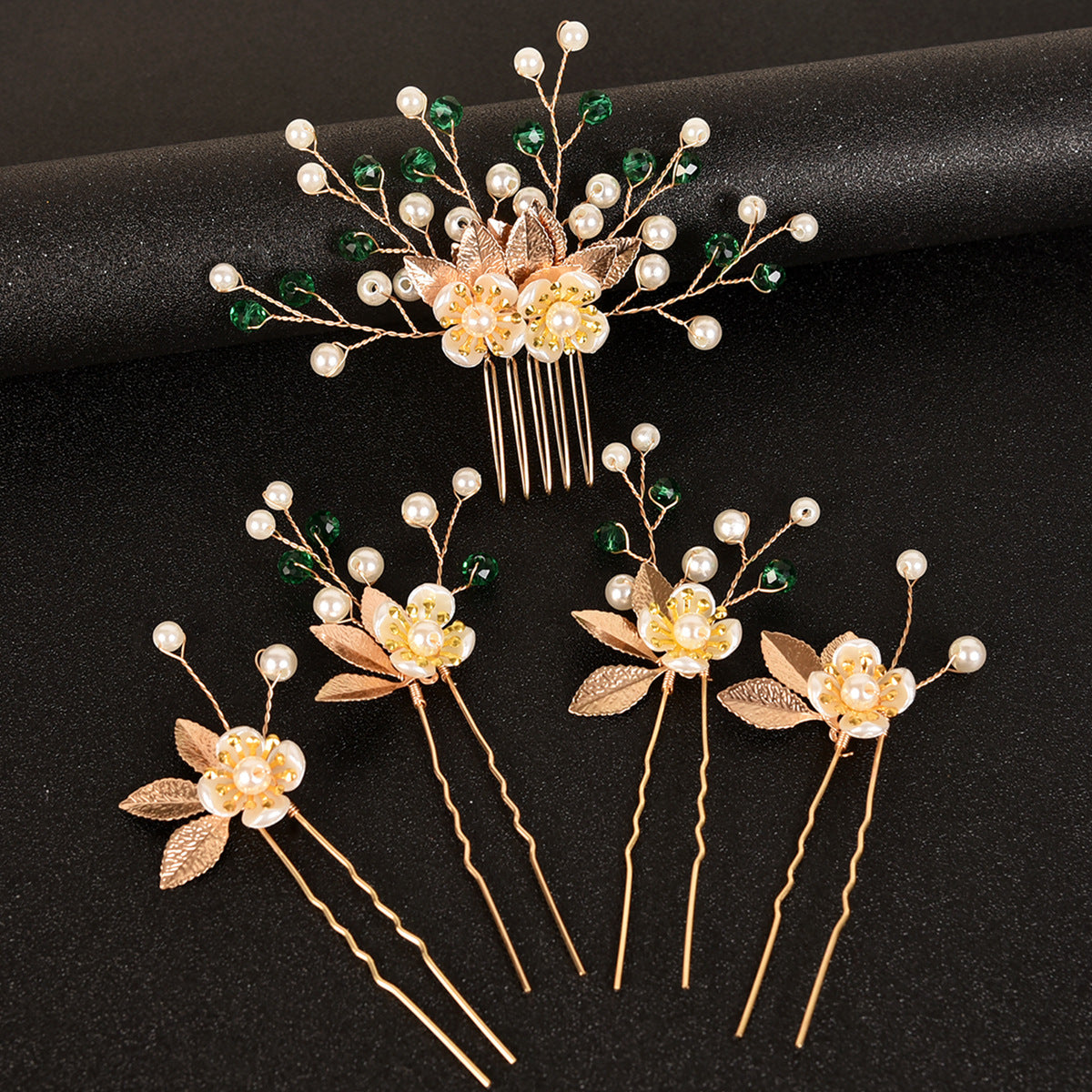5-Piece Vintage Bridal Hair Clips with Pearls and Gold Leaves