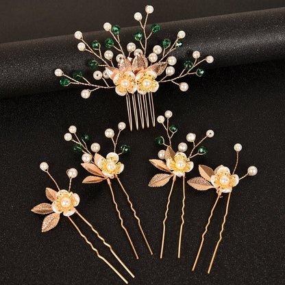 5-Piece Vintage Bridal Hair Clips with Pearls and Gold Leaves