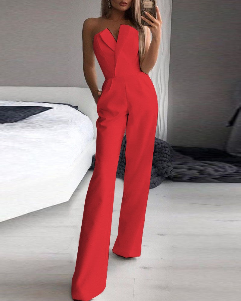 Elegant Maxi Jumpsuit With Mandarin Collar, Casual Comfort