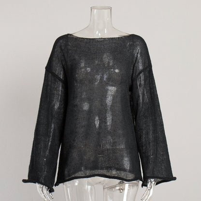 Solid Color See Through Flare Sleeves Knit Top