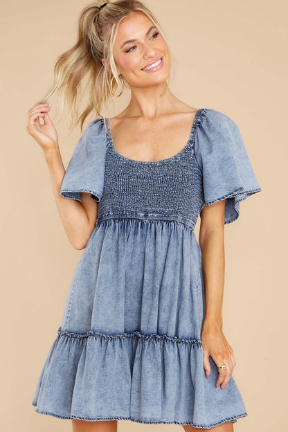 Casual Denim Short Sleeve Dress with Ruffles
