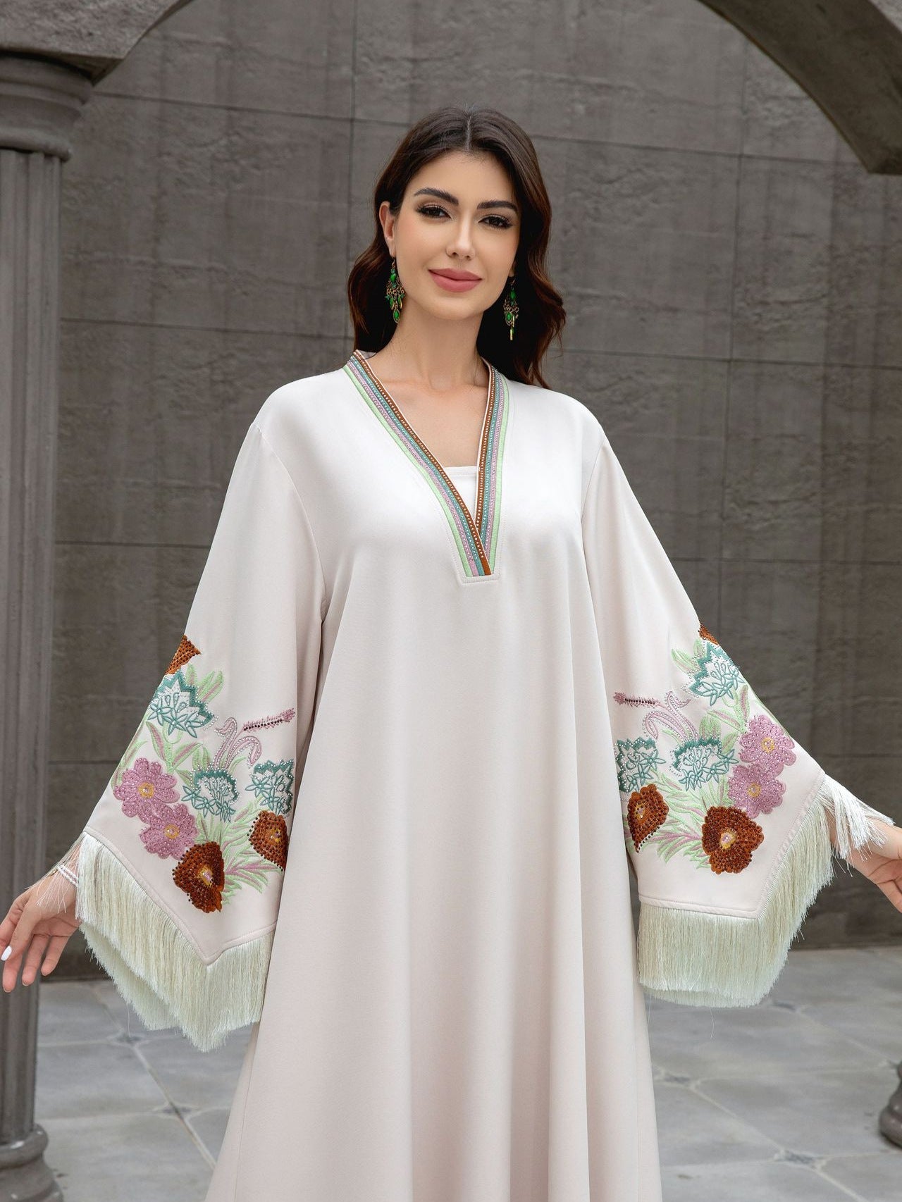 Embroidered Tassel V-Neck Abaya Dress for Women