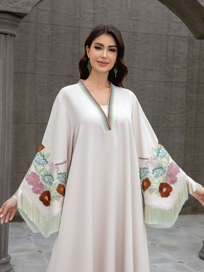 Embroidered Tassel V-Neck Abaya Dress for Women