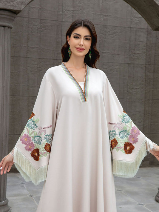 Embroidered Tassel V-Neck Abaya Dress for Women