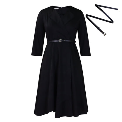 Elegant V-Neck Solid Color A-Line Dress With Belt