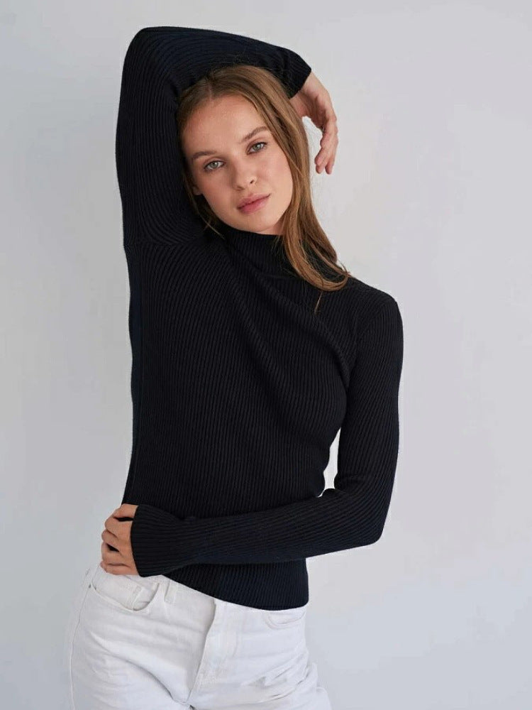 Solid Color Mock Neck Sweater Women Trendy Slim Fit Long Sleeve