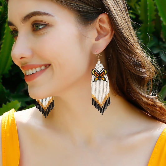 Bohemian Holiday Style Rice Bead Knitted Earrings With Tassels Handmade Diy Long Original Design Butterfly Earrings For Women