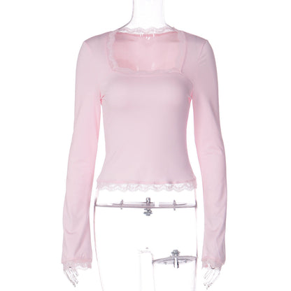 Trendy Lace-Trimmed Square Neck Long Sleeve Slim Fit Top